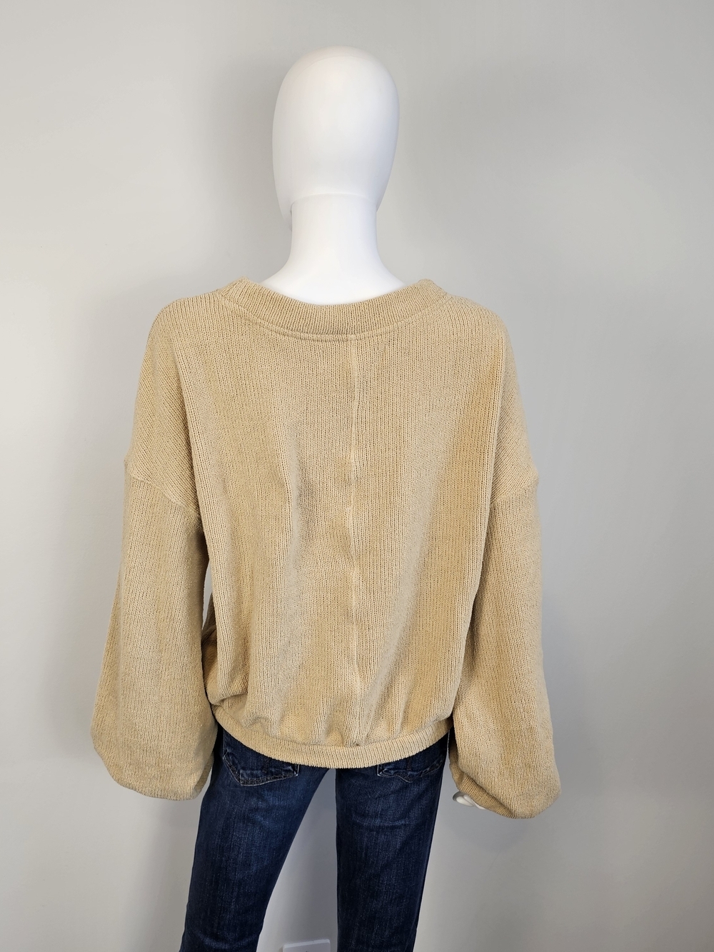 Free People Beach Tan Scoop Neck Lantern Sleeve Sweater Sz M - Picture 4 of 9